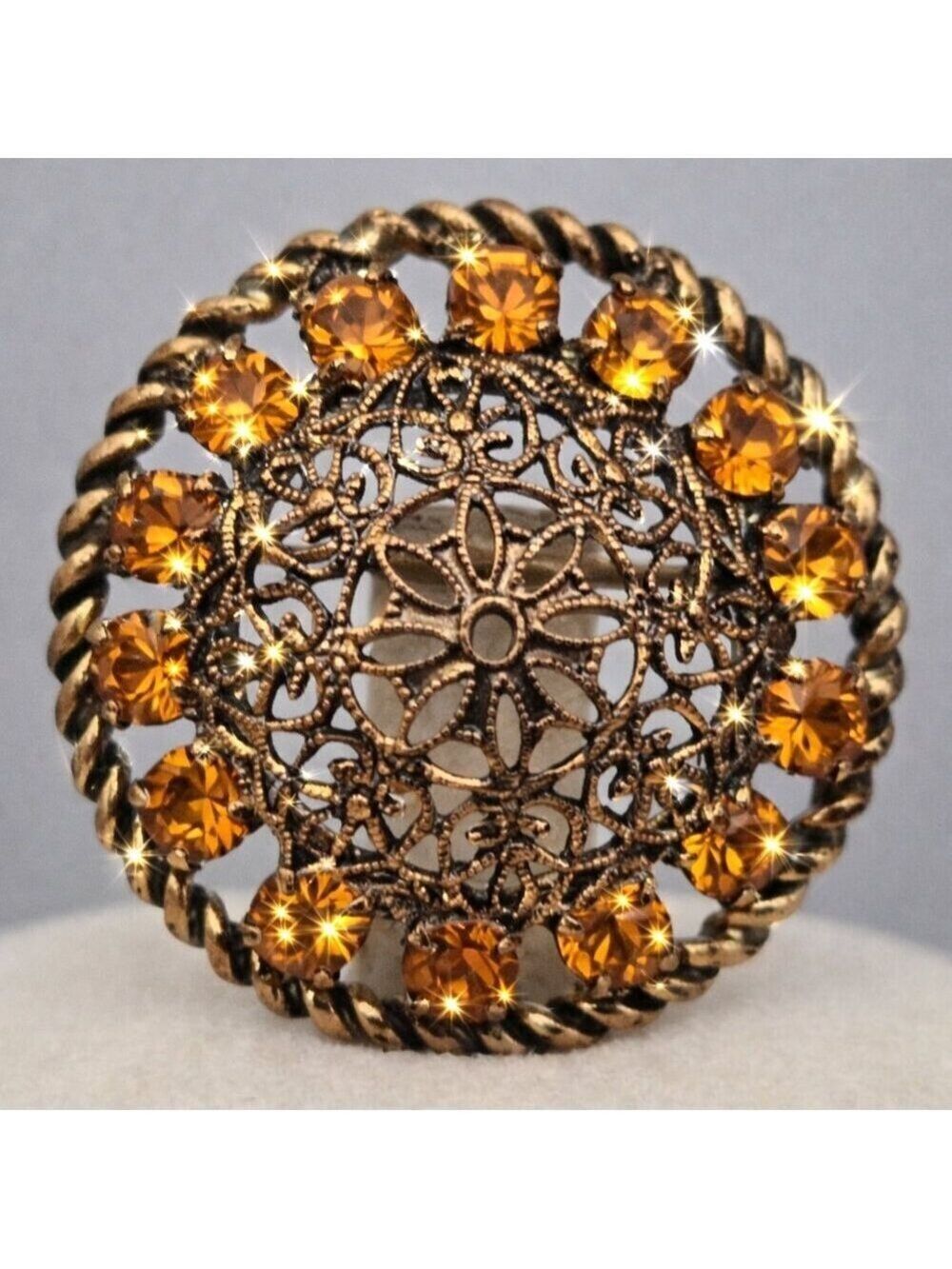 Vintage Czech Art Deco Style Yellow Glass Stone Filigree Brooch Gold Tone